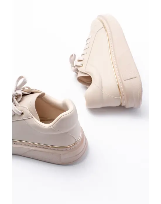 Rs-2435 Bej Roze Bağcıklı Dikişli Günlük Spor Ayakkabı