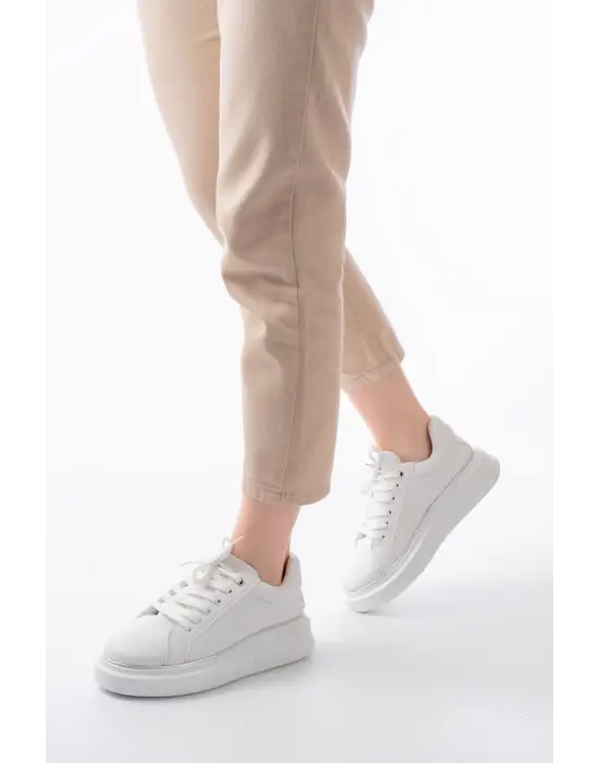 Rs-2435 Beyaz Gümüş Bağcıklı Dikişli Günlük Spor Ayakkabı
