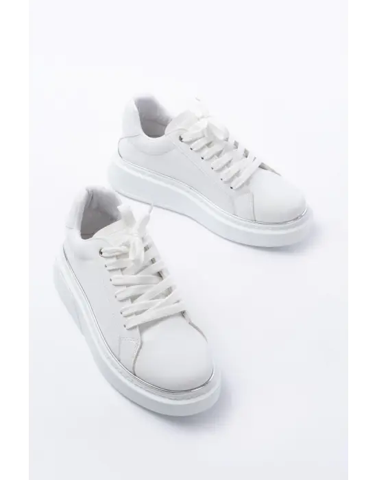 Rs-2435 Beyaz Gümüş Bağcıklı Dikişli Günlük Spor Ayakkabı