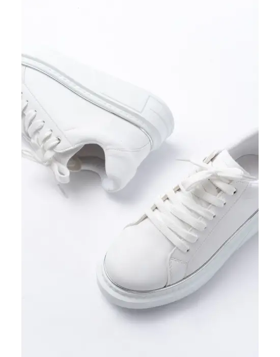 Rs-2435 Beyaz Gümüş Bağcıklı Dikişli Günlük Spor Ayakkabı