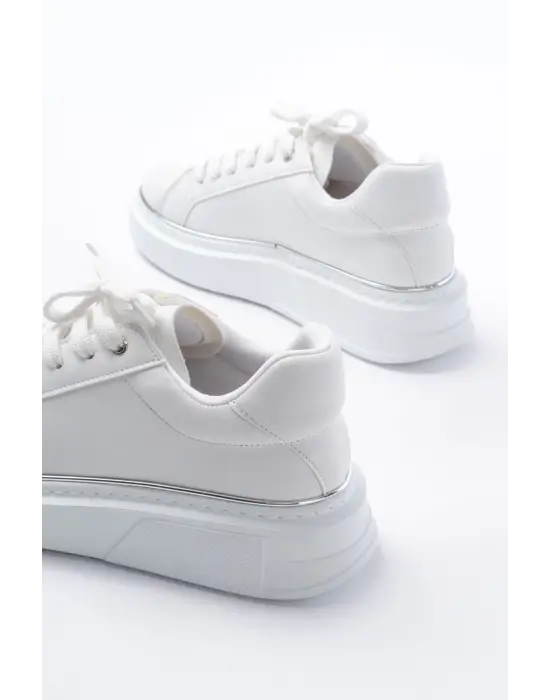 Rs-2435 Beyaz Gümüş Bağcıklı Dikişli Günlük Spor Ayakkabı