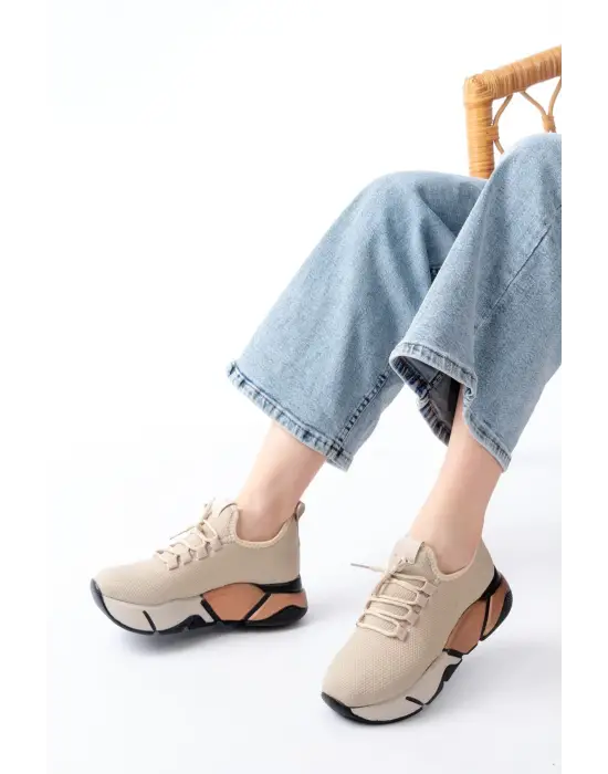 Rs-400  Bej Bağcıklı Fileli Renkli Taban Günlük Kadın Spor