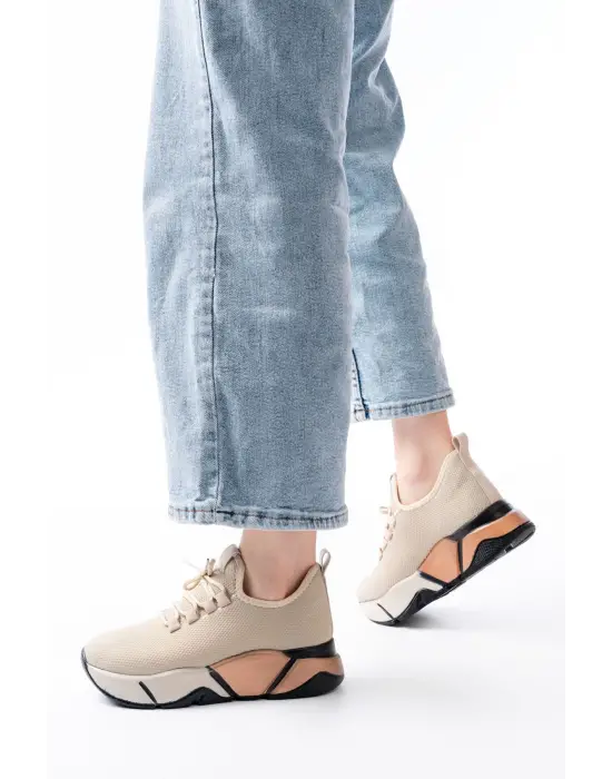 Rs-400  Bej Bağcıklı Fileli Renkli Taban Günlük Kadın Spor