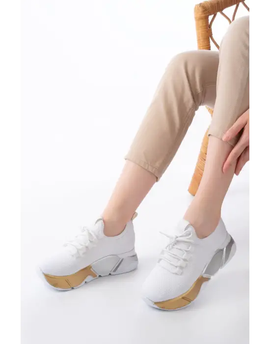 Rs-400  Beyaz Bağcıklı Fileli Renkli Taban Günlük Kadın Spor