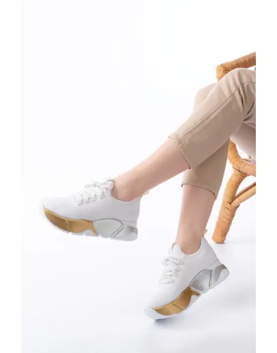 Rs-400  Beyaz Bağcıklı Fileli Renkli Taban Günlük Kadın Spor