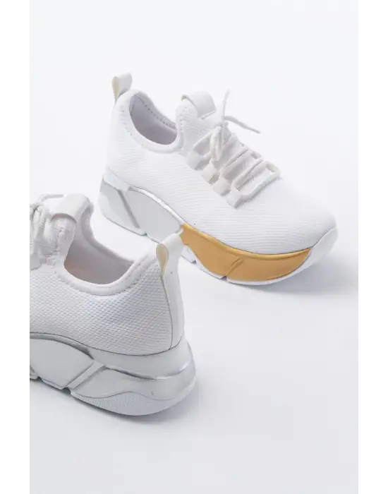 Rs-400  Beyaz Bağcıklı Fileli Renkli Taban Günlük Kadın Spor