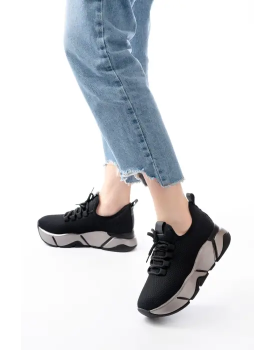 Rs-400  Siyah Bağcıklı Fileli Platin Taban Günlük Kadın Spor