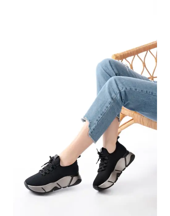 Rs-400  Siyah Bağcıklı Fileli Platin Taban Günlük Kadın Spor