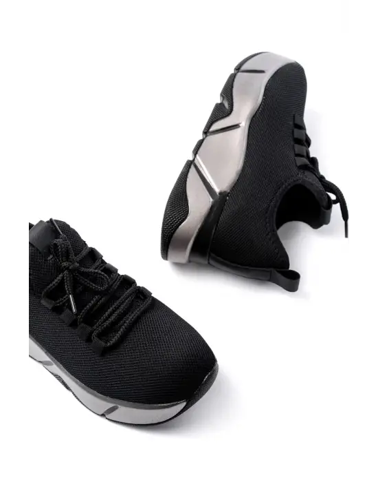 Rs-400  Siyah Bağcıklı Fileli Platin Taban Günlük Kadın Spor