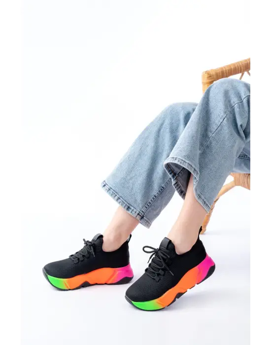 Rs-400  Siyah Bağcıklı Fileli Renkli Taban Günlük Kadın Spor