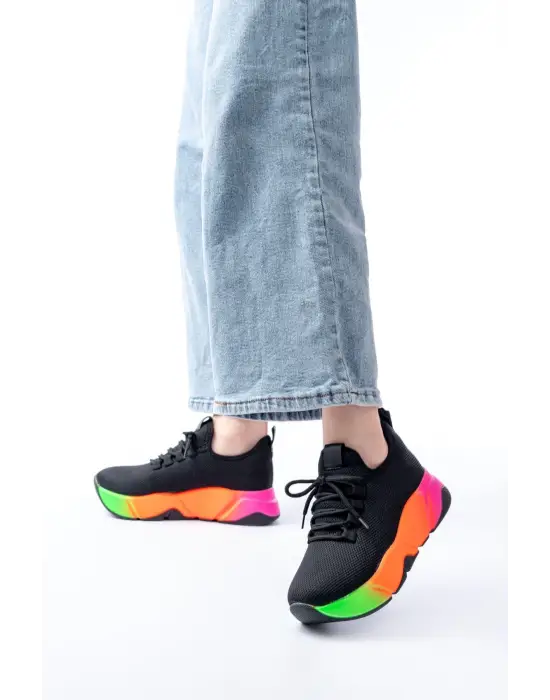 Rs-400  Siyah Bağcıklı Fileli Renkli Taban Günlük Kadın Spor