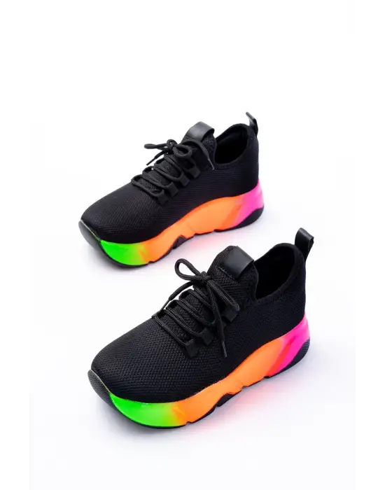 Rs-400  Siyah Bağcıklı Fileli Renkli Taban Günlük Kadın Spor