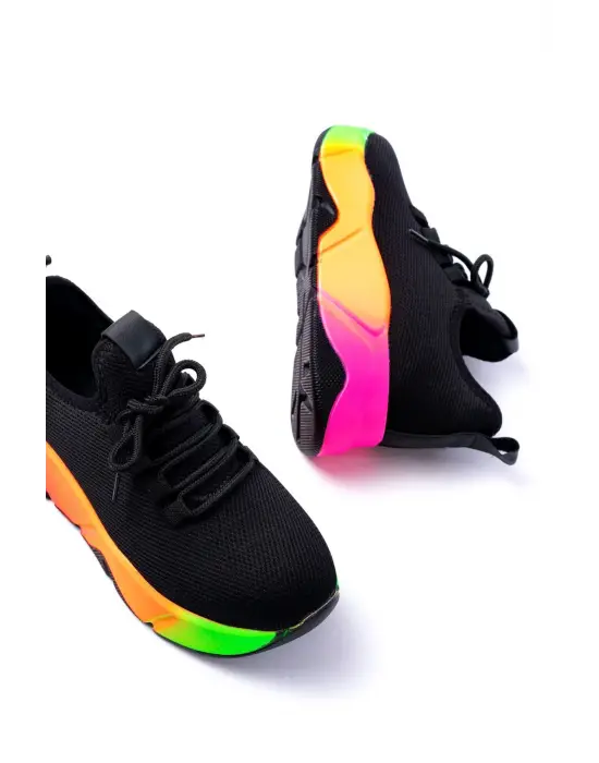 Rs-400  Siyah Bağcıklı Fileli Renkli Taban Günlük Kadın Spor