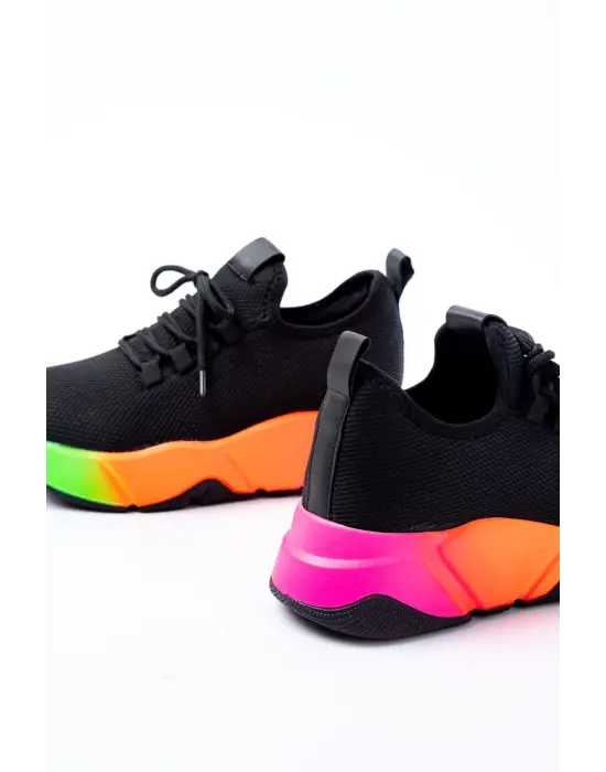 Rs-400  Siyah Bağcıklı Fileli Renkli Taban Günlük Kadın Spor