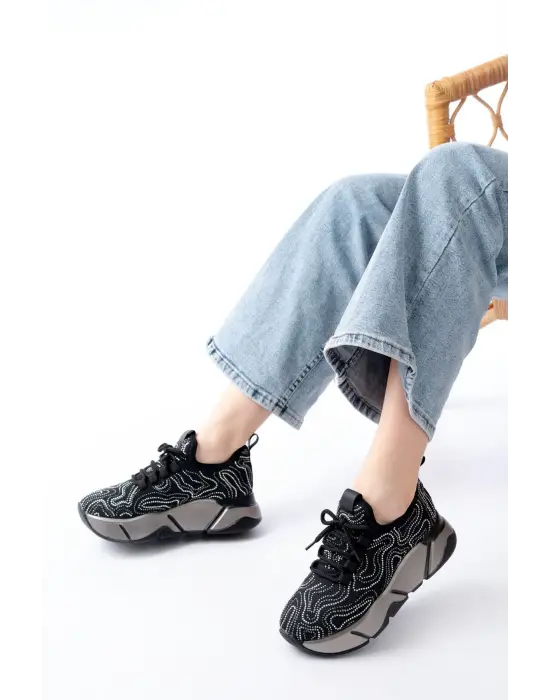 Rs-402 Siyah Bağcıklı Fileli Taşlı Platin Taban Günlük Kadın Spor