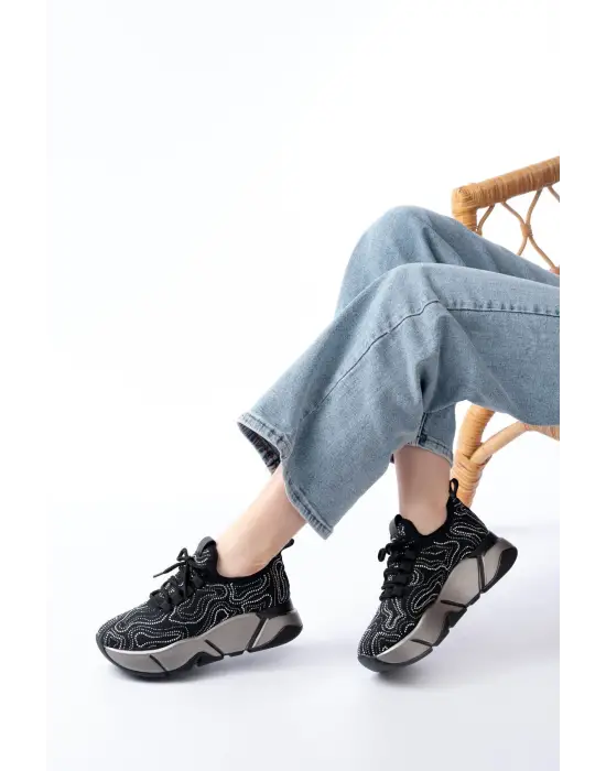 Rs-402 Siyah Bağcıklı Fileli Taşlı Platin Taban Günlük Kadın Spor