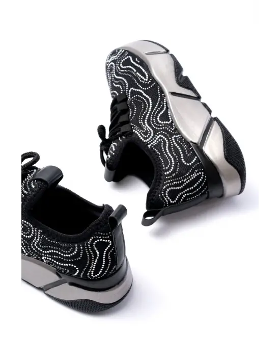 Rs-402 Siyah Bağcıklı Fileli Taşlı Platin Taban Günlük Kadın Spor
