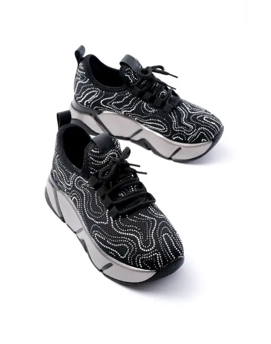 Rs-402 Siyah Bağcıklı Fileli Taşlı Platin Taban Günlük Kadın Spor