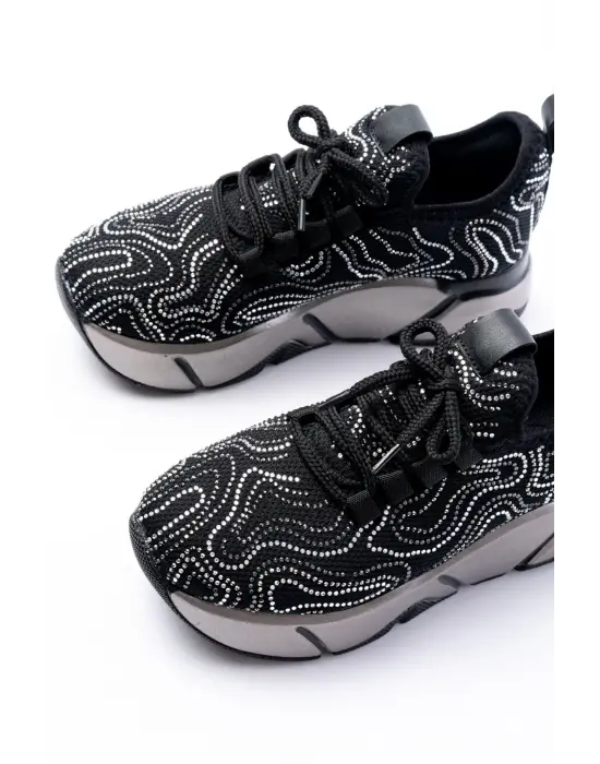 Rs-402 Siyah Bağcıklı Fileli Taşlı Platin Taban Günlük Kadın Spor