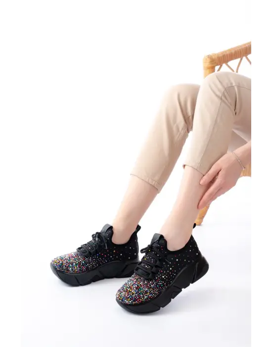 Rs-403 Siyah Bağcıklı Fileli Multi Taşlı Günlük Kadın Spor