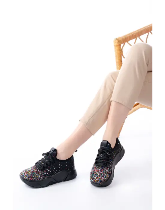 Rs-403 Siyah Bağcıklı Fileli Multi Taşlı Günlük Kadın Spor