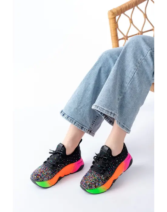 Rs-403  Siyah Bağcıklı Fileli Multi Taşlı Renkli Taban Günlük Kadın Spor