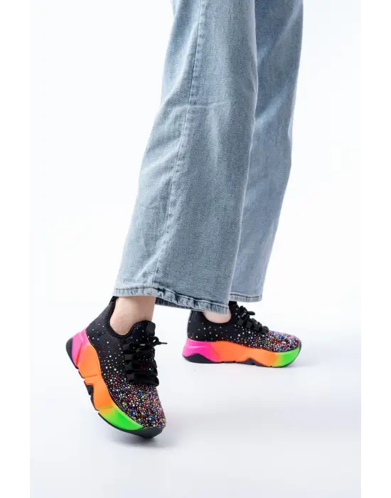 Rs-403  Siyah Bağcıklı Fileli Multi Taşlı Renkli Taban Günlük Kadın Spor