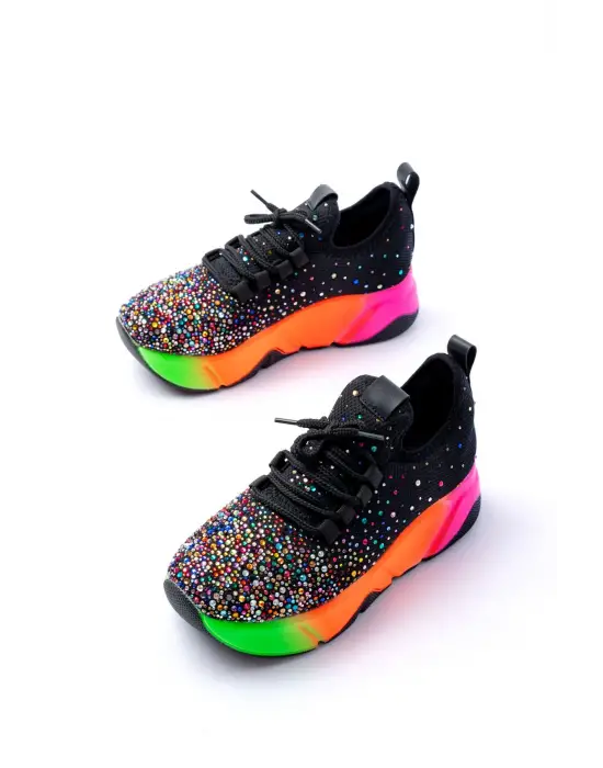 Rs-403  Siyah Bağcıklı Fileli Multi Taşlı Renkli Taban Günlük Kadın Spor