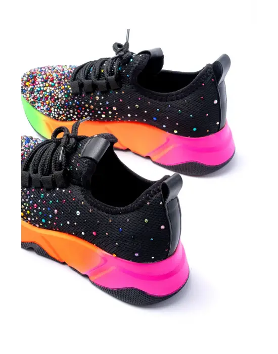 Rs-403  Siyah Bağcıklı Fileli Multi Taşlı Renkli Taban Günlük Kadın Spor