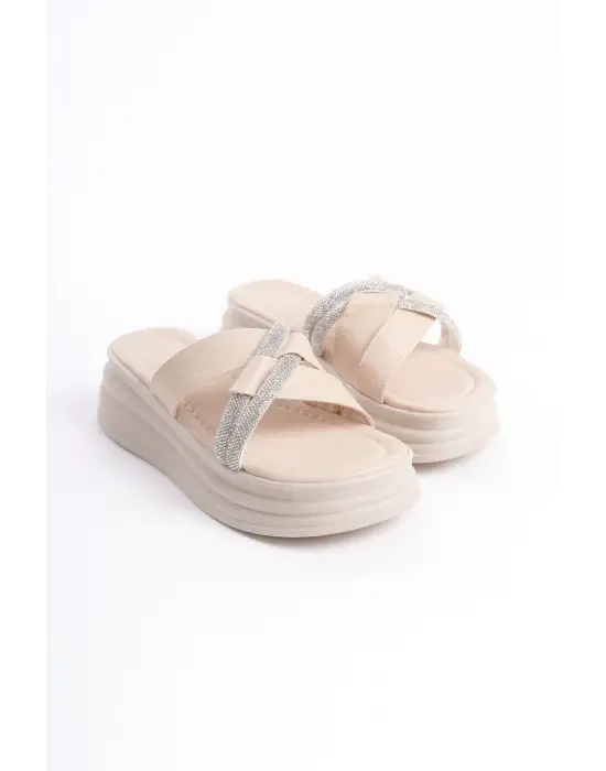 Ruby Düz Topuklu Taşlı Çapraz Şeritli Kalın Ve Ortopedik Taban Kadın Terlik  Kt - Krem