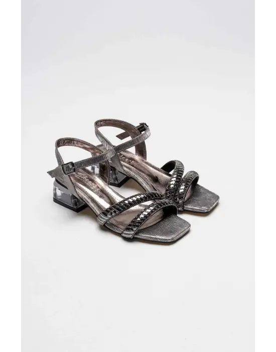 Rule Platin Taşlı Kadın Topuklu Sandalet