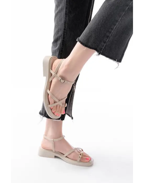 S-101 Bej Parmak Arası Taş Detaylı Günlük Kadın Sandalet