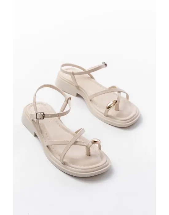 S-101 Bej Parmak Arası Taş Detaylı Günlük Kadın Sandalet