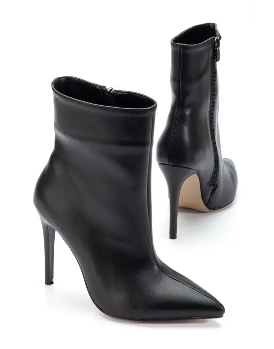 S-2008 Siyah Fermuarlı Sivri Burun İnce Topuk Günlük Kadın Bot