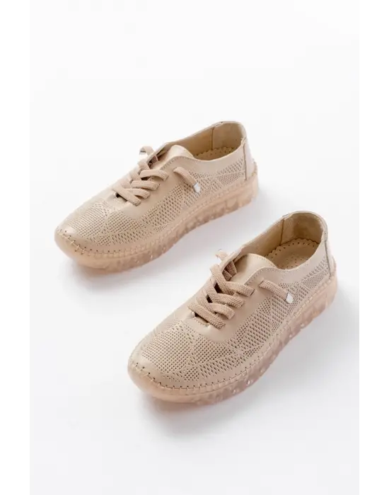 S-365  Bej Desenli Hakiki Deri Şeffaf Taban Kadın Spor Ayakkabı