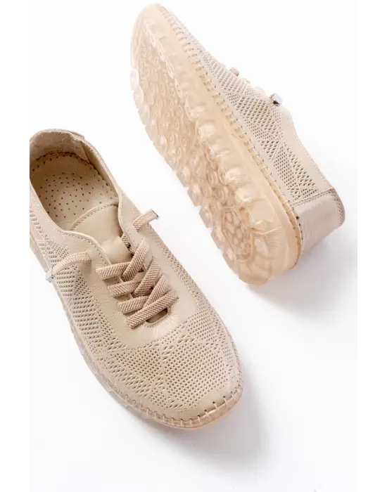 S-365  Bej Desenli Hakiki Deri Şeffaf Taban Kadın Spor Ayakkabı