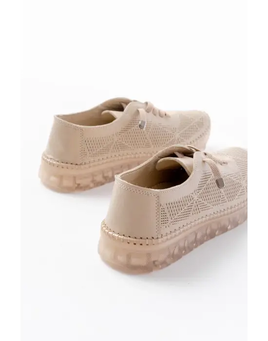 S-365  Bej Desenli Hakiki Deri Şeffaf Taban Kadın Spor Ayakkabı