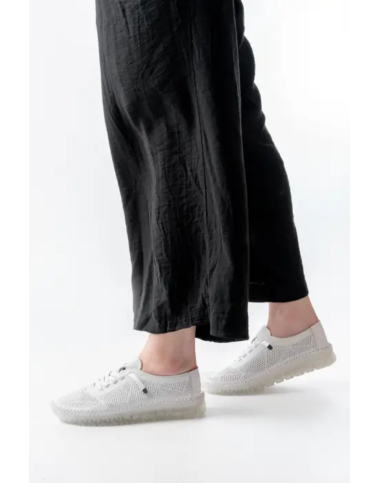 S-365  Beyaz Desenli Hakiki Deri Şeffaf Taban Kadın Spor Ayakkabı