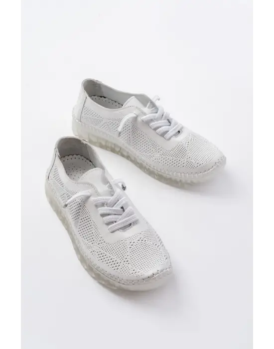 S-365  Beyaz Desenli Hakiki Deri Şeffaf Taban Kadın Spor Ayakkabı