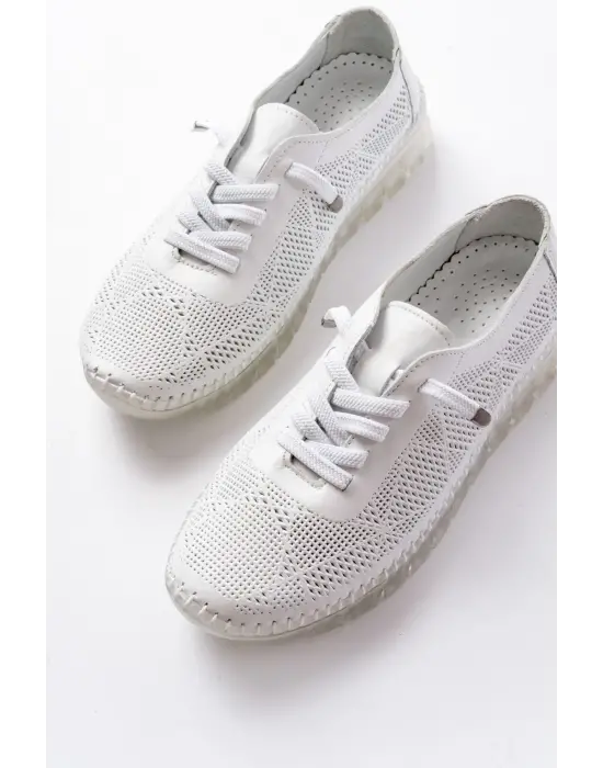 S-365  Beyaz Desenli Hakiki Deri Şeffaf Taban Kadın Spor Ayakkabı