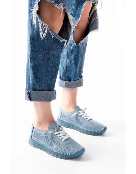 S-365  Mavi Desenli Hakiki Deri Şeffaf Taban Kadın Spor Ayakkabı