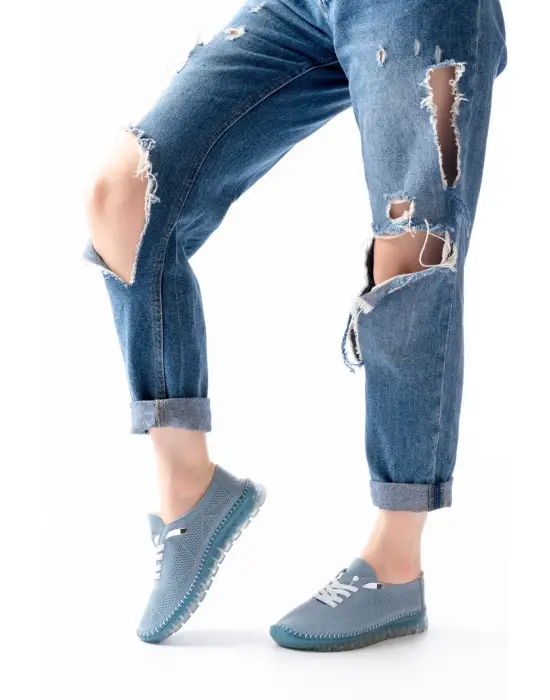 S-365  Mavi Desenli Hakiki Deri Şeffaf Taban Kadın Spor Ayakkabı