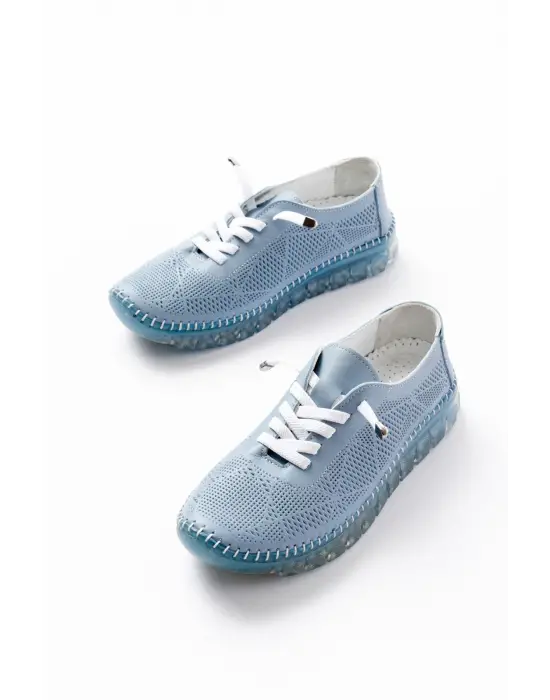 S-365  Mavi Desenli Hakiki Deri Şeffaf Taban Kadın Spor Ayakkabı