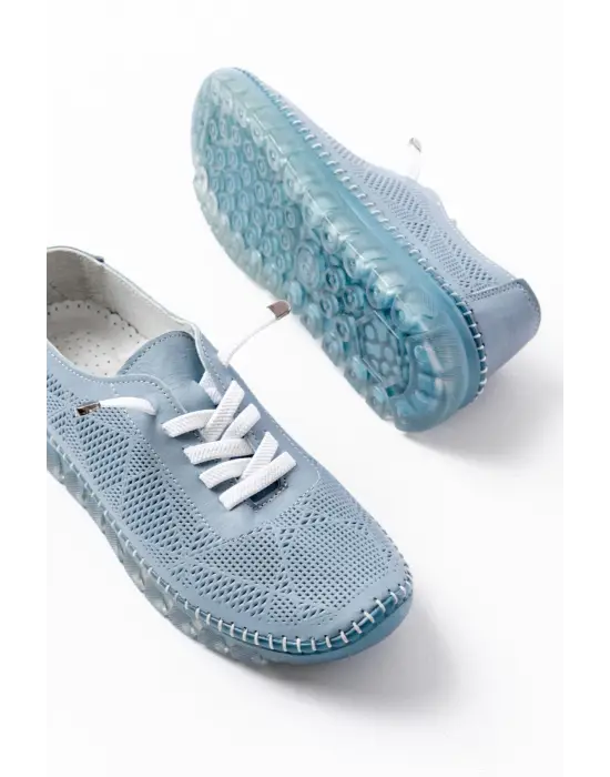 S-365  Mavi Desenli Hakiki Deri Şeffaf Taban Kadın Spor Ayakkabı