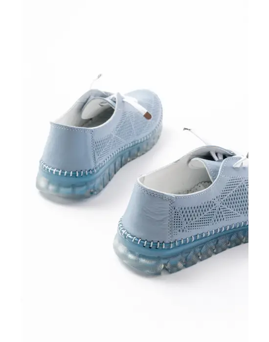 S-365  Mavi Desenli Hakiki Deri Şeffaf Taban Kadın Spor Ayakkabı