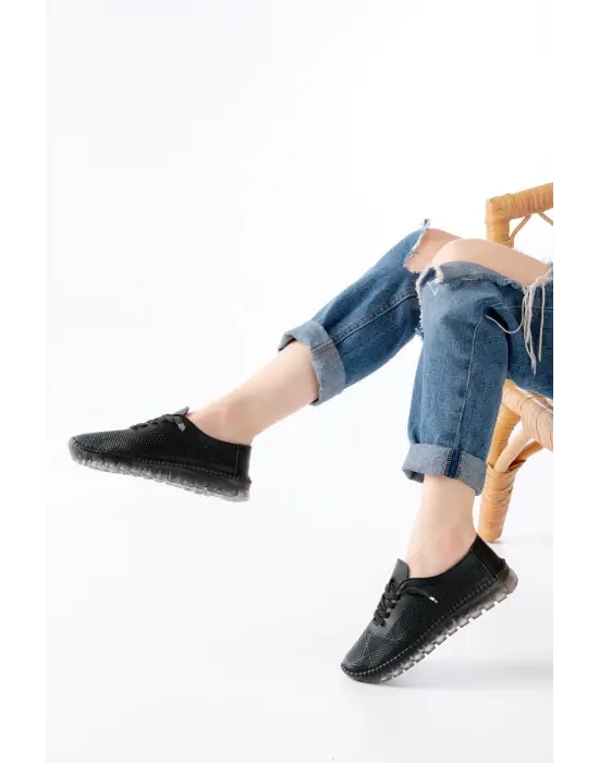 S-365  Siyah Desenli Hakiki Deri Şeffaf Taban Kadın Spor Ayakkabı