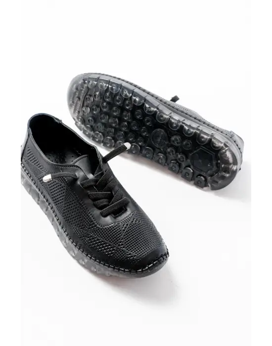 S-365  Siyah Desenli Hakiki Deri Şeffaf Taban Kadın Spor Ayakkabı