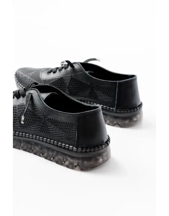 S-365  Siyah Desenli Hakiki Deri Şeffaf Taban Kadın Spor Ayakkabı