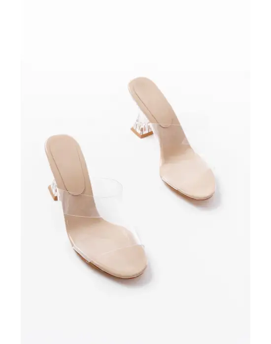 S-618 Bej Rugan Tek Bantlı Topuklu Kadın Terlik