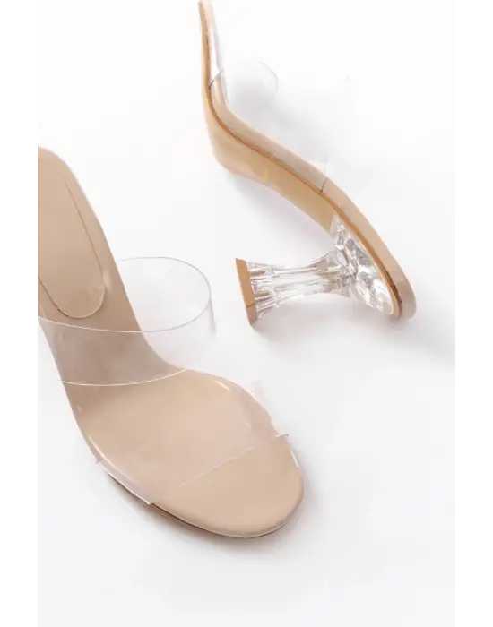 S-618 Bej Rugan Tek Bantlı Topuklu Kadın Terlik